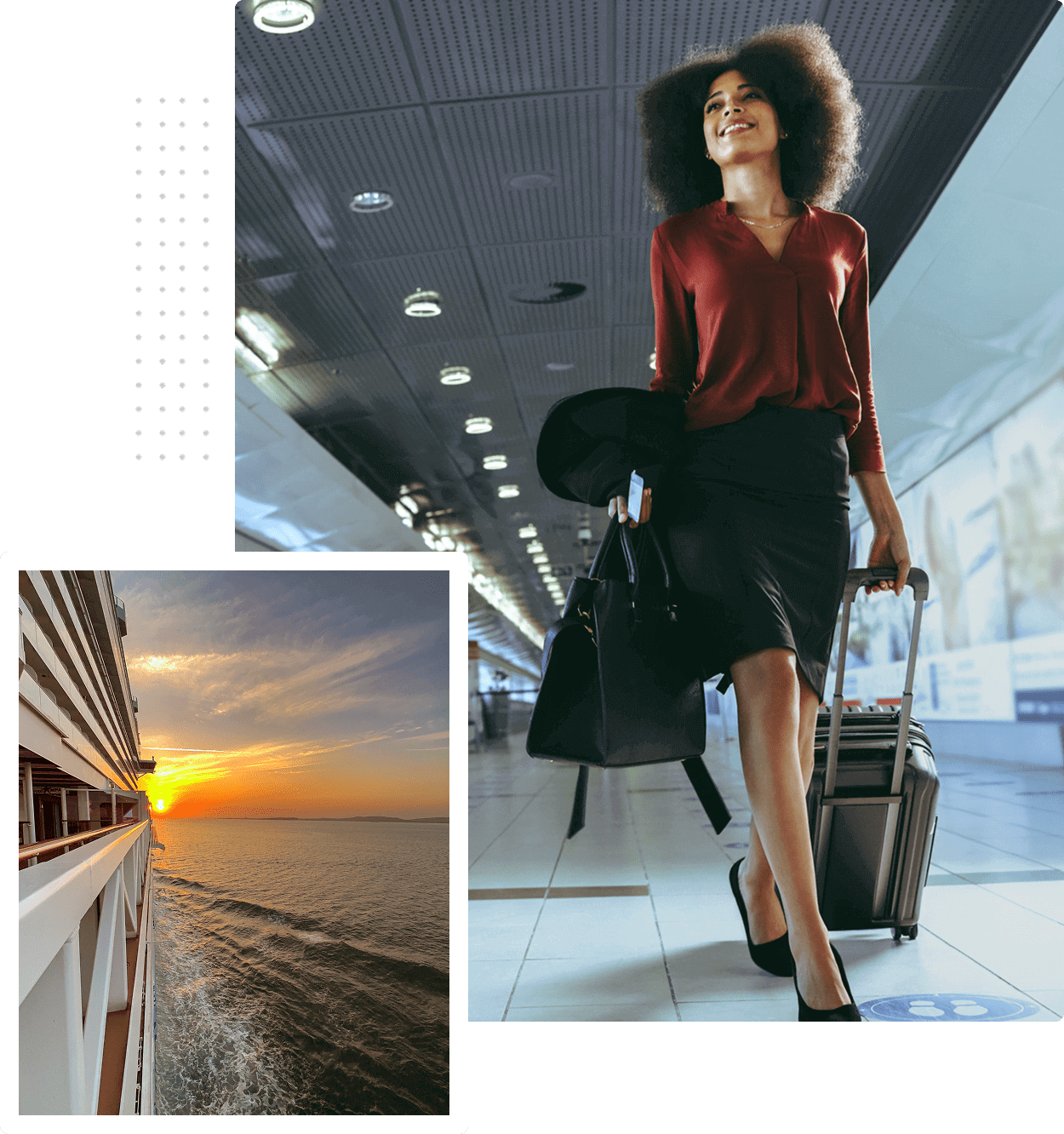 A woman walking with luggage and a sunset.