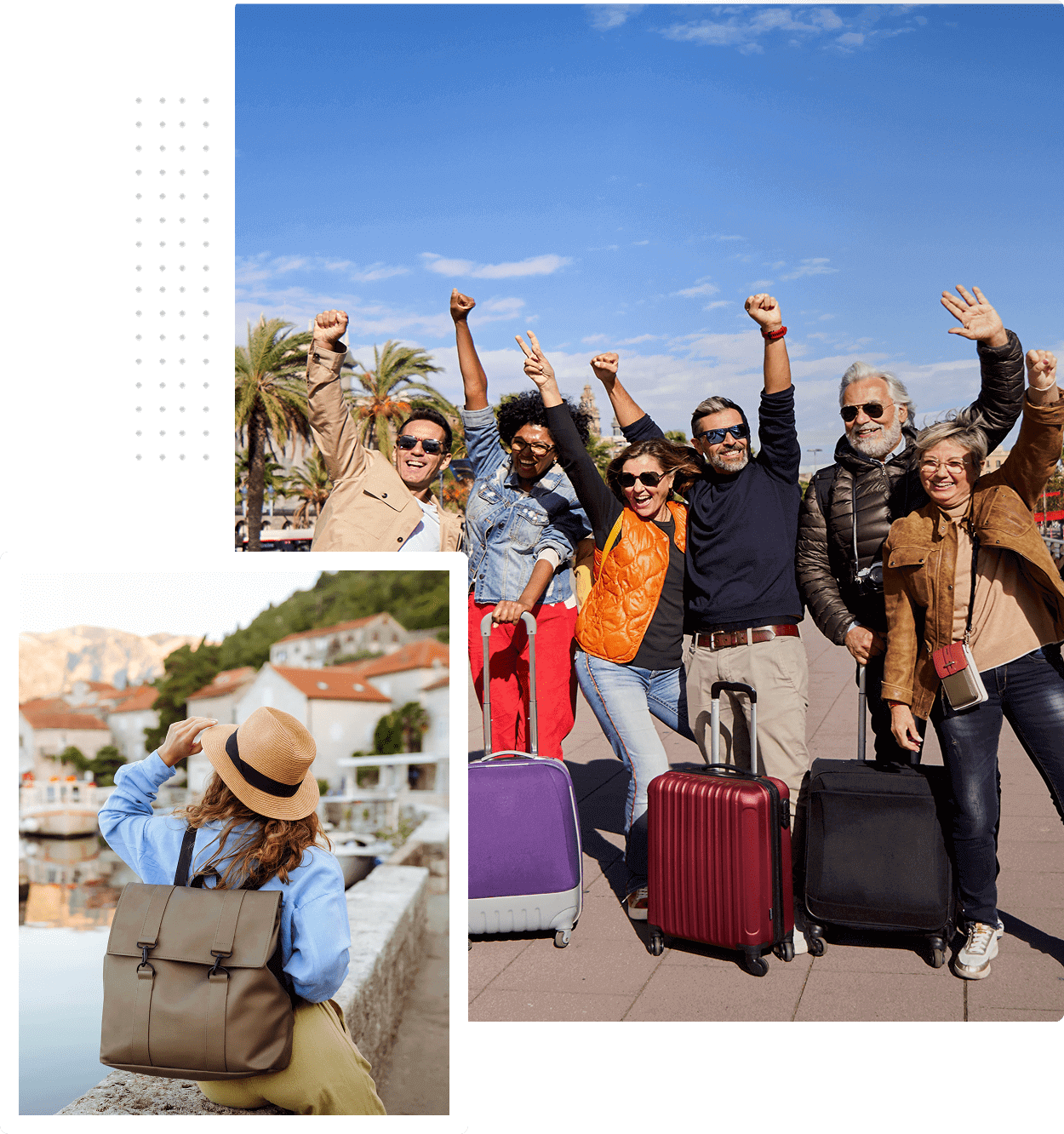 A group of people with luggage and hats.
