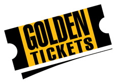 A close-up of a golden ticket with bold black text.